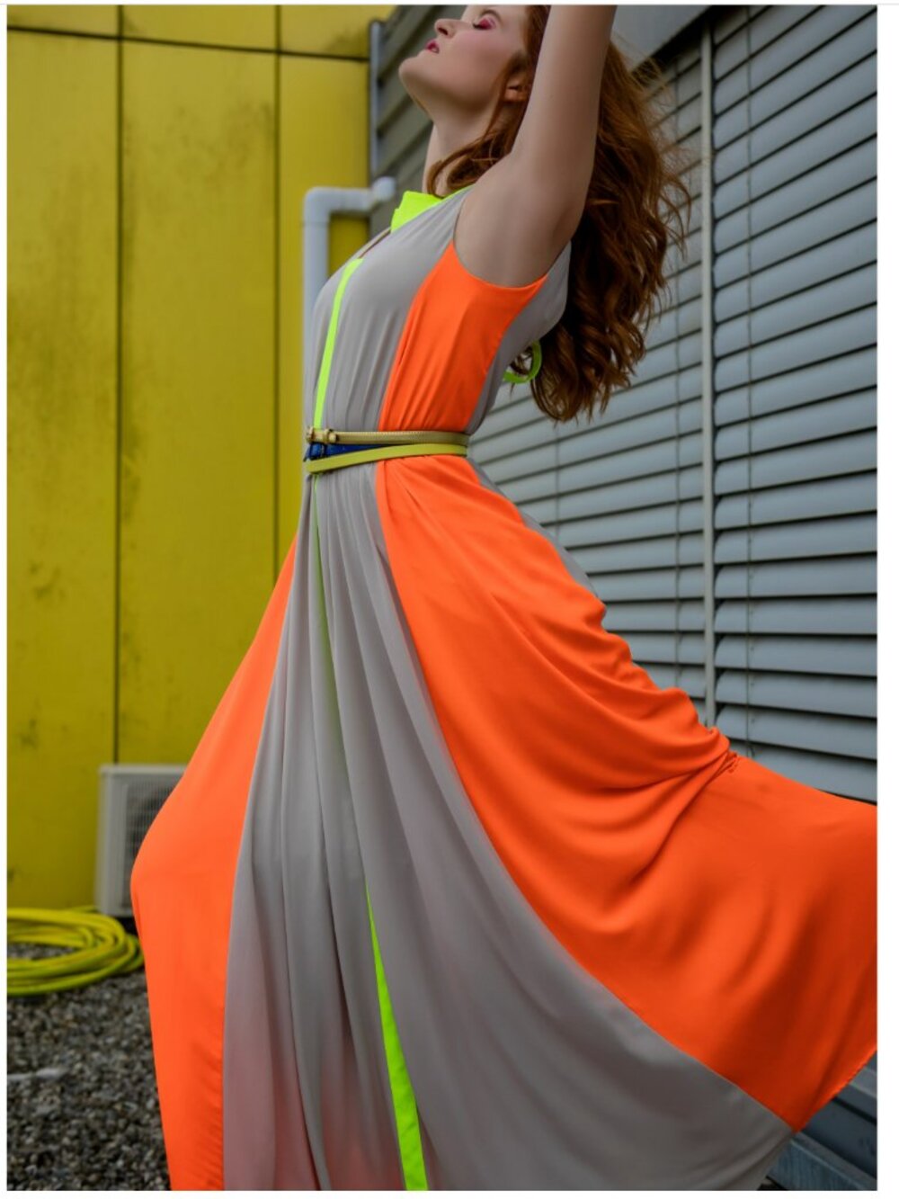 NWT BCBG Wilah Colorblock Neon Maxi Dress Long Orange Gray Relaxed Grecian XS - Picture 3 of 16